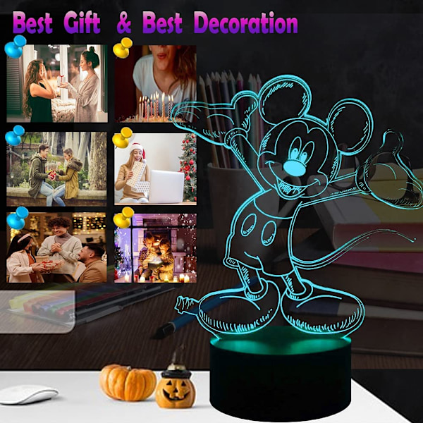 Mickey Minnie Mus 3D nattlys med 16 fargeendrende automatisk blinkende LED-skrivebordslampe leker