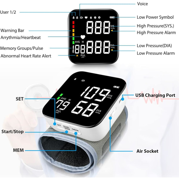 Ranneveren verenpainemittari, verenpainemittarit kotikäyttöön 2X90Reading Memory Large LED -näyttö Automaattinen verenpainemittari Ladattava verenpainemittari