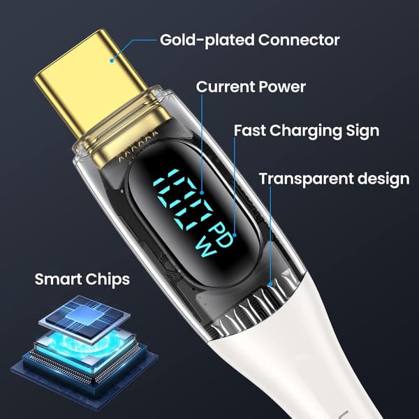 USB-C til Multiopladningskabel, USAMS 100W 4FT 5A Type C til Type C Hurtigopladerledning med LED-display 5-i-1 C/A til C/Micro/IP Synkronopladeradapter White 2m