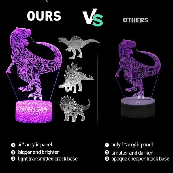 Dinosaur 3D Nattlampe for Gutter 4 stk Hologram Illusjonslampe