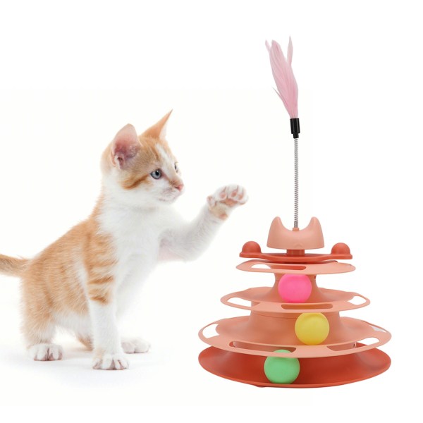 Cat Platespiller Ball Toy 4 Level Interactive Kitten Track Roller Treningsleke med Feather StickPink