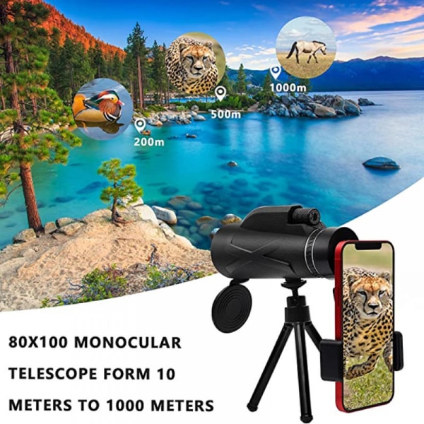 80X100 monokulært teleskop - med smartphonestativ og stativ,