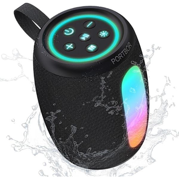 Kannettava Bluetooth-kaiutin, tehokas stereoääni, pieni langaton kaiutin valoilla, IPX5-vesitiivis, BT5.3 AUX-tulolla, TWS Pai Black