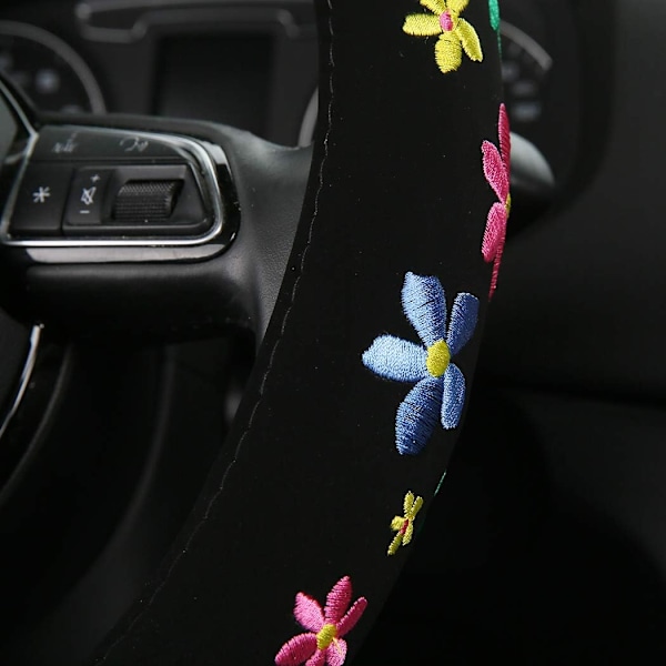 Broderad Söt Rattkåpa - Lyxig Blommig Bilinredning, Halkfri, Svettabsorberande, Universal 15 tum