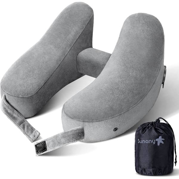 Nackkudde för resor Uppblåsbar flygplansdyna Stöder bekvämt huvud, nacke och haka, Uppblåsbar resedyna med mjukt velouröverdrag och Porta Comfort Grey Standard