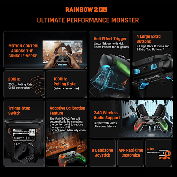 Trådløs Kontroller, Rainbow 2 Pro PC-kontrollere Bevegelsessikting, Hall-utløsere, ALPS-joystick, Tilpasset knapp, for PC Windows/Android/iOS/Switch-kontroller Rainbow 2 Pro