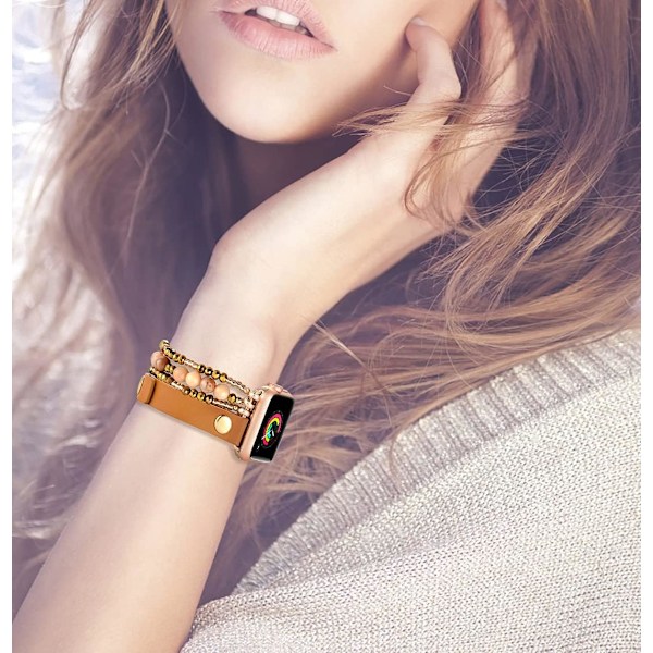 Armband Läder Kompatibelt med Apple Watch 38mm 40mm 41mm Kvinnor, Elegant Elastiskt Pärlarmband för Iwatch S10 & S Brown/Gold