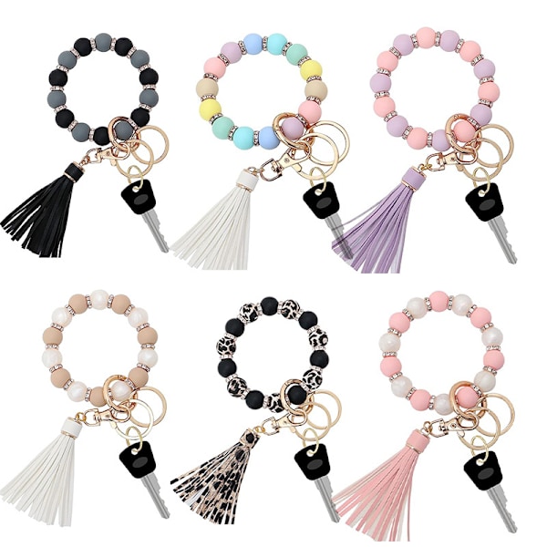 Silikon nøkkelring armbånd for kvinner, elastisk perlearmbånd nøkkelring med zirkon og dusk til morsdaggave Leopard