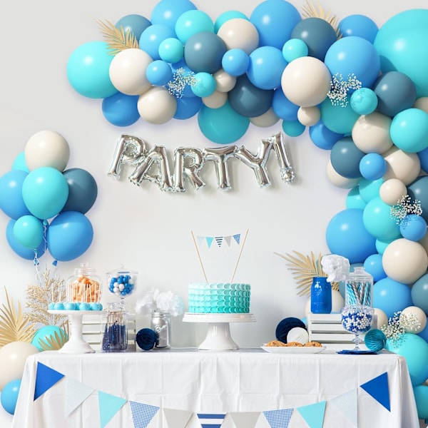 Sinivihreä ja sininen ilmapallokaari, pölynsininen norsunluunvärinen ilmapallokaari, liuskekiven sininen ilmapallokaari vauvakutsujen koristeisiin syntymäpäiväjuhliin Teal Blue Slate Blue