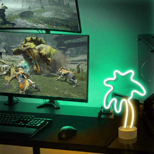 Kokospalm Neonskylt, Grön & Gul LED-skylt med Stativ - Batteri/USB-driven, Bordsdekoration för Sovrum, Spelrum, Skrivbord & Mer Coconut tree