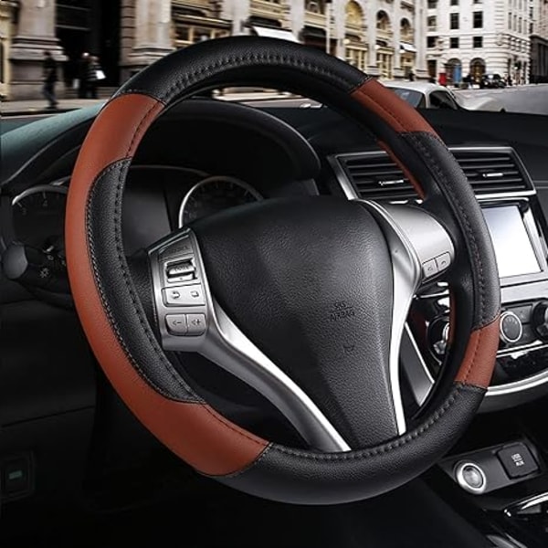 New leather car steering wheel cover 36CM size can be ordered all seasons universal handle (black and brown)