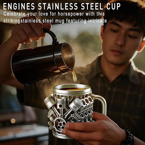 Personlig Rostfri Mugg - V8 & V6 Motor Design, 44 cl Handgjord Hållbar & Stilren, Perfekt för Bilentusiaster (V8) v6