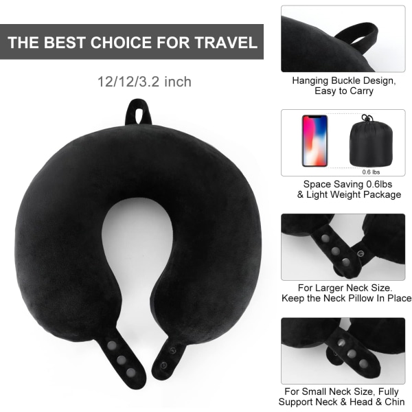 Rejse nakkepude, bedste memory foam flypude til hovedstøtte blød justerbar pude til fly, bil og hjemmets lænestol (sort) Black