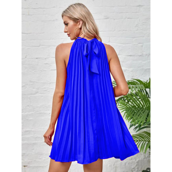 Halter Dress Mini Swing Plisserad A-linje lös klänning (blå L)