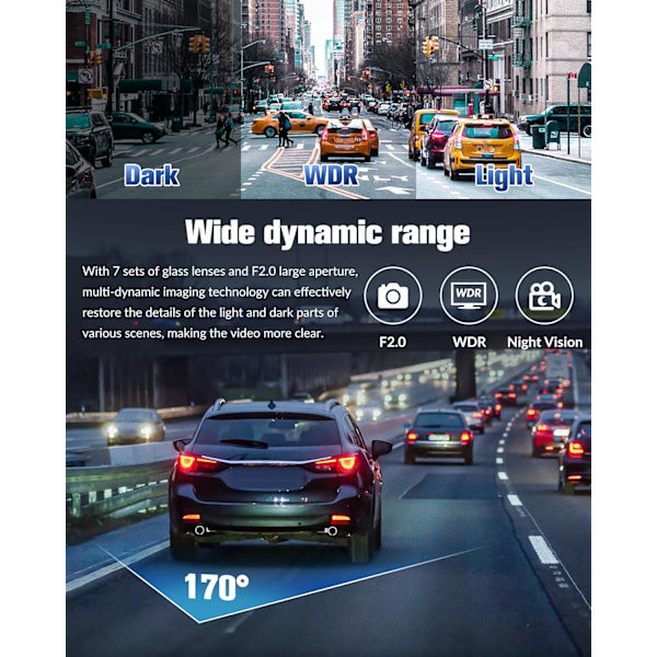 Dashkamera för bilar, 4K Full HD Dash Cam fram och bak inuti, Dashcam med nattseende med gratis 32 GB SD-kort, inbyggd loopinspelning, G-sensor, WDR
