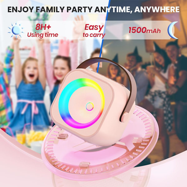 Mini Karaoke Maskin, Portabel Bluetooth Karaoke Högtalare med 2 Trådlösa Mikrofoner och Festljus för Barn och Vuxna, Födelsedag Pink