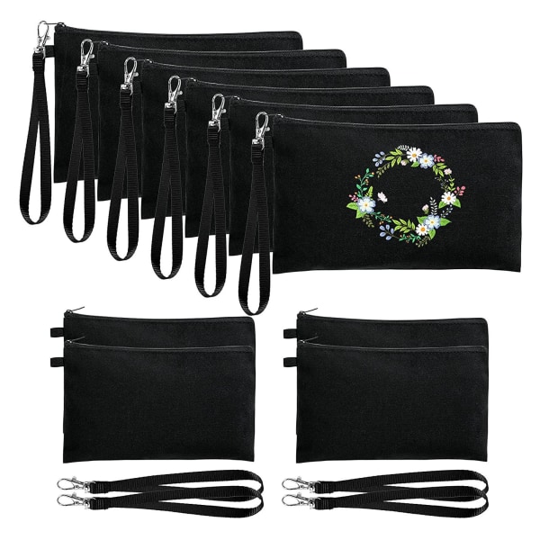 10 stk. Canvas Kosmetikpung med Sort Lanyard Bærbar Multifunktionel Blank DIY Craft Taske til Rejse Makeup Taske Black