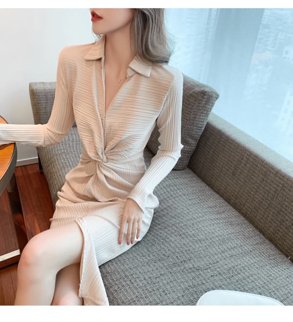V-hals Rynket Slids Twist Front Midi Kjoler Sort (Abrikos S)