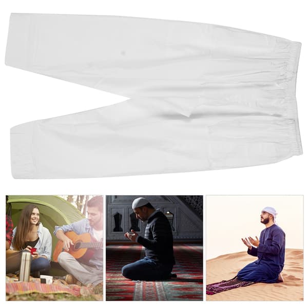 Herr Muslim Byxor Polyester Bomull Lös Stil med Midja Elastiskt Band Afghanska Byxor Kläder(Vit L)