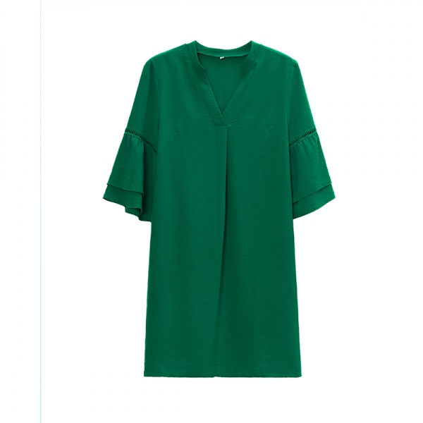 Neck Puff Sleeve Solid Color Loose Flowy Mini Kjole (Grøn M)