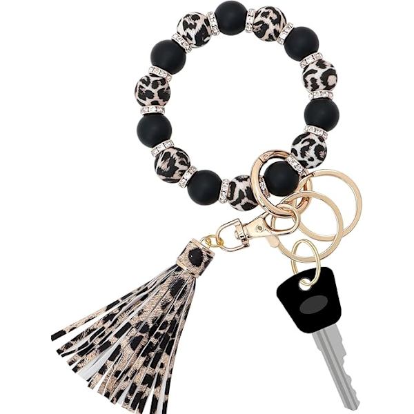 Silikon nøkkelring armbånd for kvinner, elastisk perlearmbånd nøkkelring med zirkon og dusk til morsdaggave Leopard