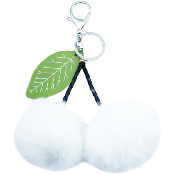 Pom Pom Nøkkelring Kunstig Pels Ball Nøkkelringer Fluffy Tote Anheng Bil Veske Sjarme Cherry White