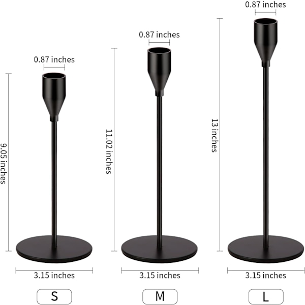 Mattsvarta ljusstakar svarta ljusstakar i metall för bröllop, middag, fest, passar 3/4 tum tjocka ljus (set om 3 st) Black