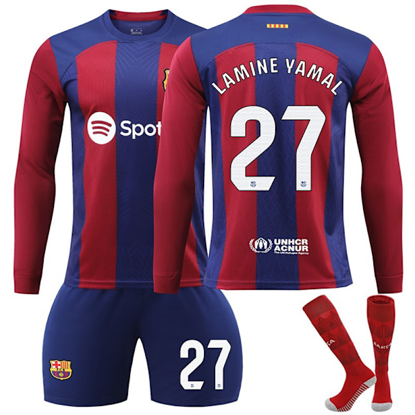 Barcelona Hjemmebane No. 27 Lamine Yamal Langarmet Fotballdrakt Barn Fotballsett 23-24 22