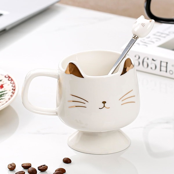 Sød Kattekrus til Katteelskere - Keramisk Kaffekrus med Ske, Perfekt til Katteglade Piger og Valentinsdags Krus Gaver White