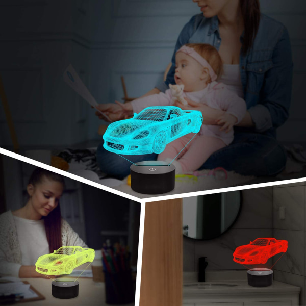 3D Billampa Nattljus 3D Illusion Lampa för barn, 16 färger