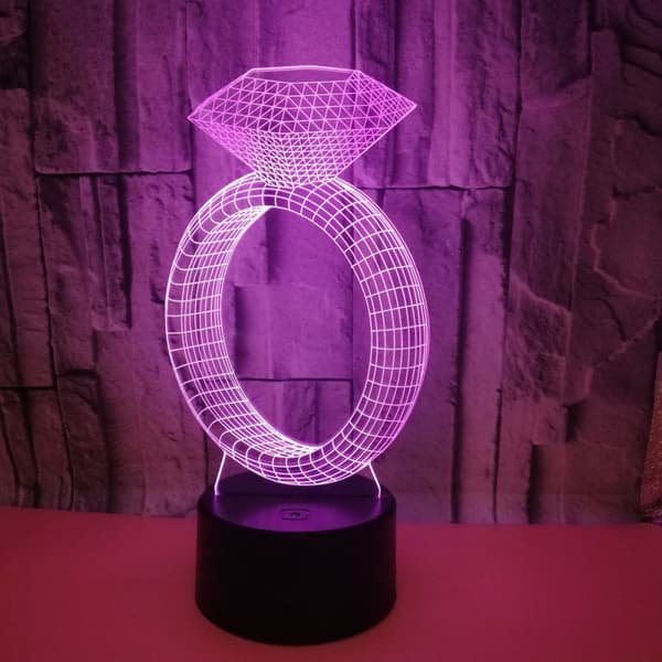 Diamantring Nattlampe, 3D Illusjonslampe, 7 Farger Endring
