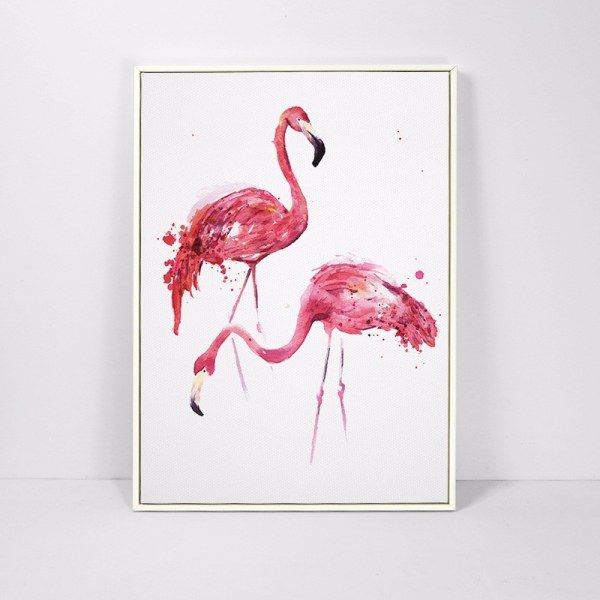 Katte, flamingoer og elge vægkunst på lærredsplakat, enkel modevandfarve