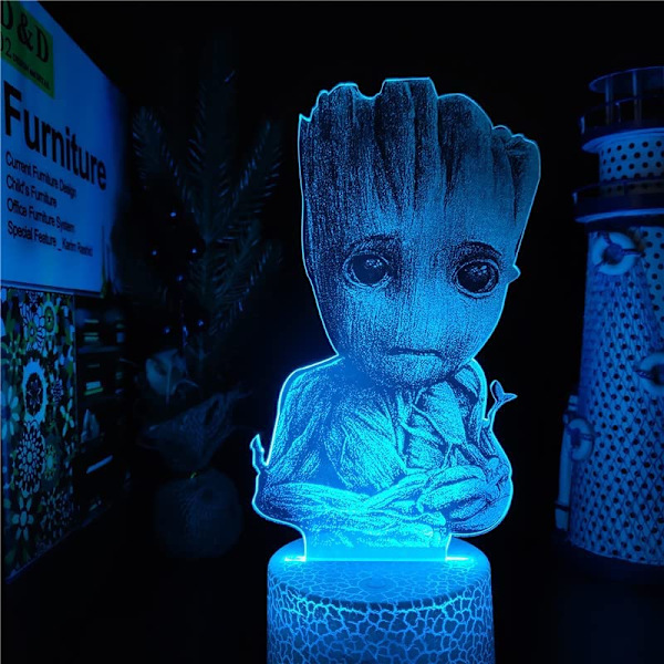 Guardians of The Galaxy Groot lampa 3D Illusion nattlampa, fjärrkontroll bordslampa, USB-laddare belysning heminredning för barn, födelsedagspresent