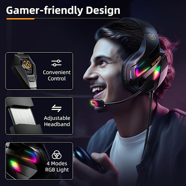 Gaming Headset för PC PS5 PS4 XboxOne, Gaming Headphone med 50mm Drivrutiner 3D Surroundljud, Brusreducerande Mikrofon, Mjuka Minnesöronkåpor & 4 Lägen RGB