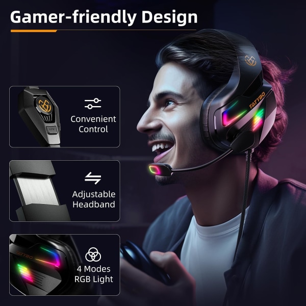 Gaming Headset til PC PS5 PS4 XboxOne, Gaming Hovedtelefoner med 50mm Drivere 3D Surround Sound, Støjreducerende Mikrofon, Bløde Memory Ørekopper & 4 Tilstande RGB