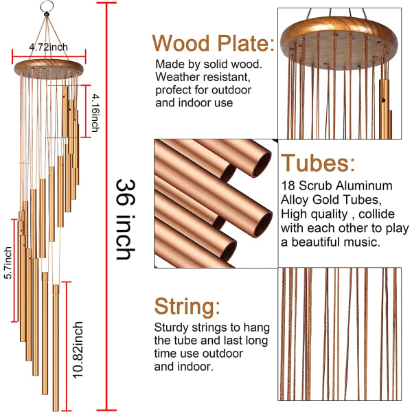 Vindspel utomhus i metall vindspel i massivt trä och 18 frostade aluminiumlegeringar guldrör vindspel