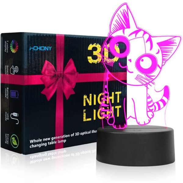 Cat Gift Cat 3D Night Light för barn, i-CHONY 7 Colors Auto