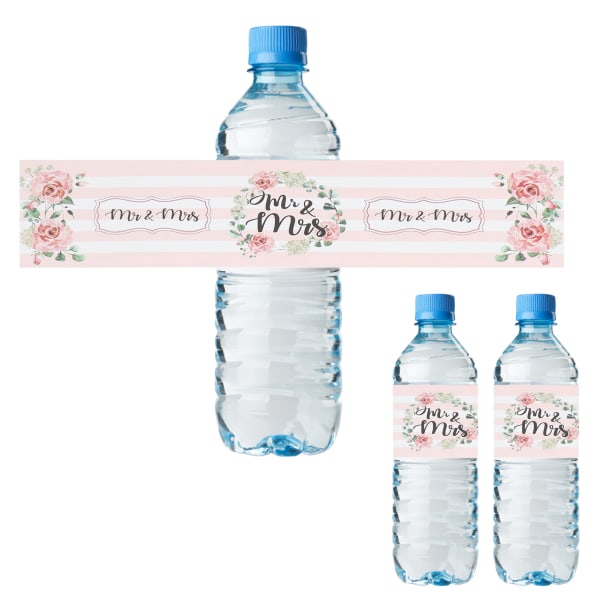 25st vattenflaska klistermärken MR och MRS Stripes Rosa blommor Vattentäta ljusa dekorativa festflasketiketter för bröllop