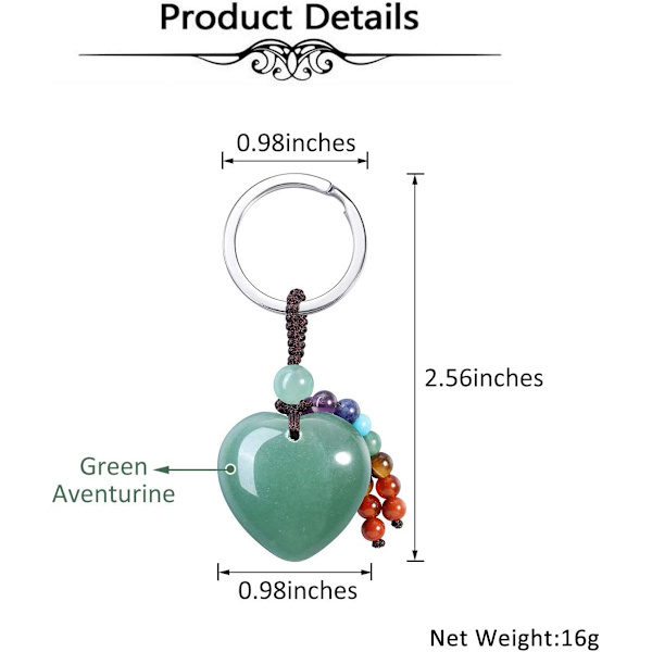 Naturlig krystallhjerte edelsten nøkkelring 7 chakra helbredende stein nøkkelring sjarm for kvinner Green Aventurine