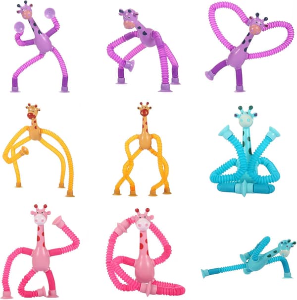 4-pack giraff-poprör sensoriska fidgetleksaker med sugkopp, påskkorgsfyllning för småbarn, reseleksaker för flygplan och bil