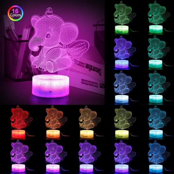 Elefant 3D Nattlys, 16 Farger, Smart Touch og Fjernkontroll C