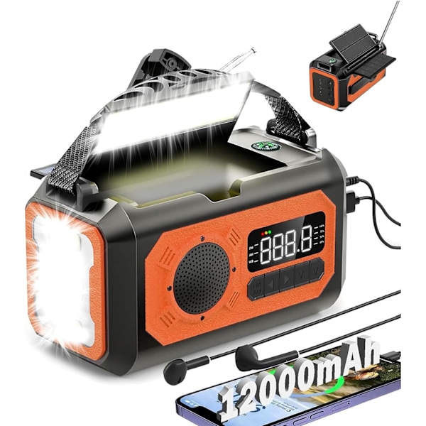 12000mAh Käsikäyttöinen Hätäradio, AM/FM/NOAA, Monitoiminen Aurinkoenergialla Toimiva Radio, 2 Aurinkopaneelia, USB-Lataus, Taskulamppu & LED-Lukuvalo, SOS-Hälytin Orange