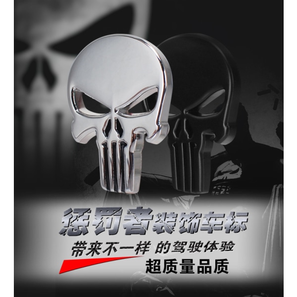 3D Skull Punisher kjøretøy bil klistremerke metalldekal motorsykkel 2 stk vanntett dekorasjon biler, lastebiler, motorsykkel, kjøretøy - sølv