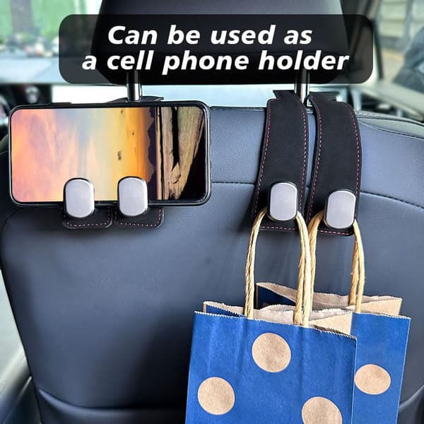 Mocka Bil Nackstöd Krokar 2-Pack: Dubbel Krok Organizer för Väskor, Handväskor & Förvaring i Bilen (Svart/Grå/Brun) Black