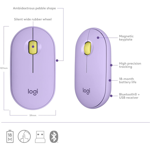 Logitech M350 Pebble langaton hiiri Bluetooth- tai 2,4 GHz -vastaanottimella, hiljainen, ohut tietokonehiiri hiljaisilla napsautuksilla Purple