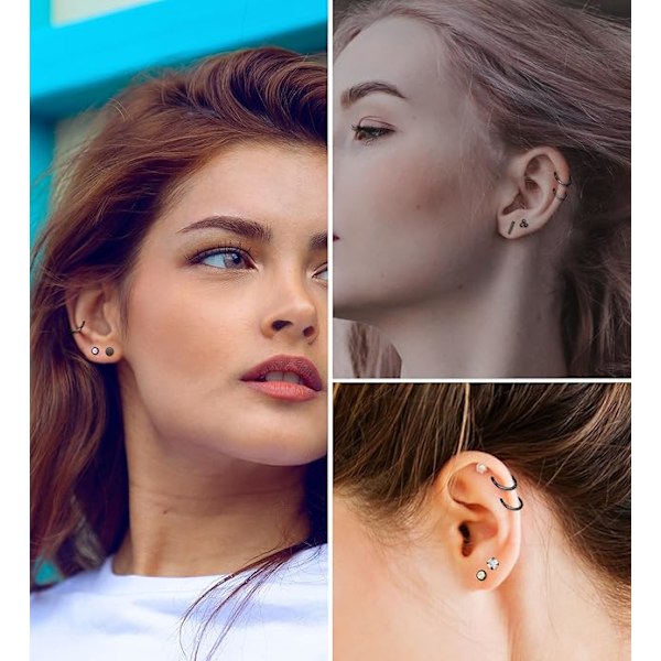 Kirurgiskt stål örhängen för kvinnor män 20 Gauge Hoop Stud Örhängen Set för flera piercingar CZ Boll Nap Örhängen Platt Baksida Hypoallergen Black