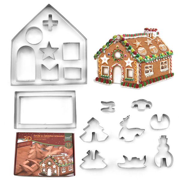 18-delade pepparkakshusskärare, 3D Christmas House Cookie Cutter Set, Stai