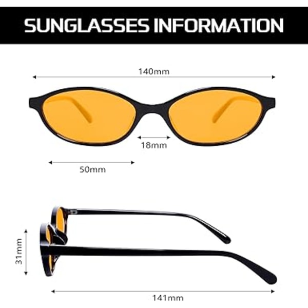 Retro soikeat aurinkolasit naisille, tyylikkäät kissansilmälasit 90-luvulta, kevyet kapeat sävyt, trendikkäät UV-suoja aurinkolasit Black Frame - Orange Lens
