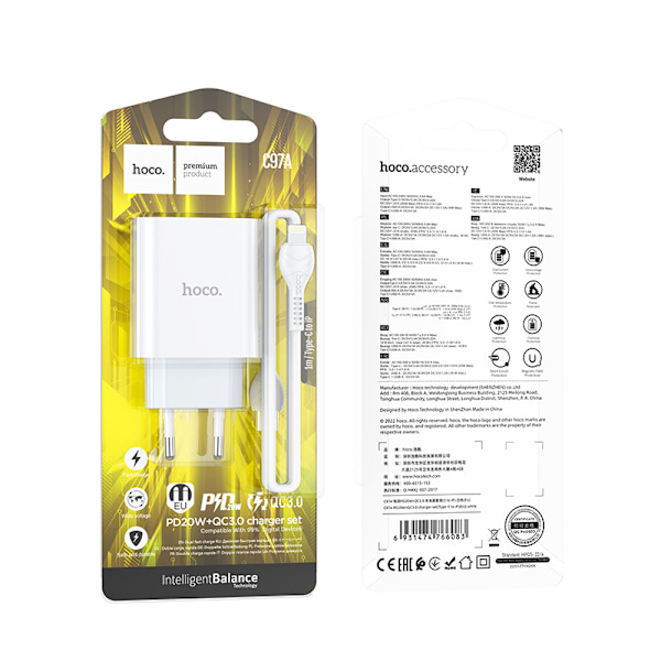 hoco. C97A Europæisk standard PD20W+QC3.0 oplader til iPhone1