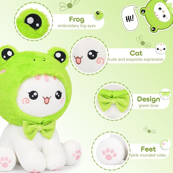 Söt Groda Katt Plyschleksak 10\" Kawaii Kattunge Fylld Djur, Katt Groda Plushie Kudde Present till Barn Frog Cat